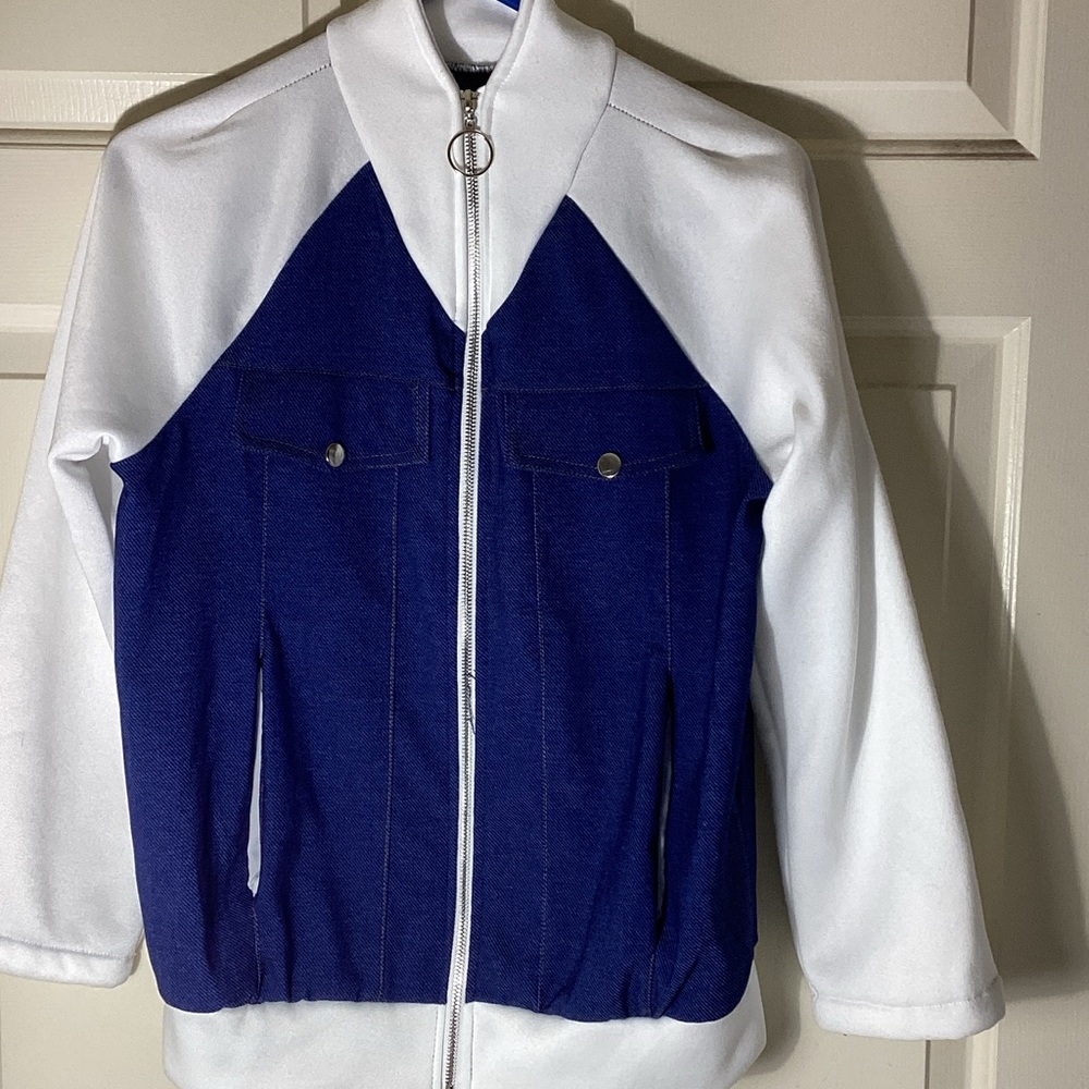 Blue (Denim-like) and White Zip Up Light Weight Jacket. Size Medium.